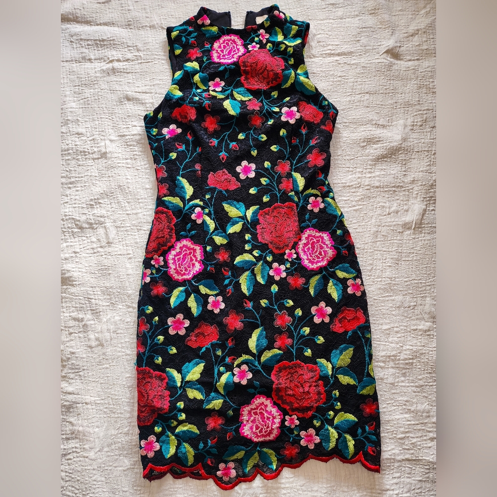 Aidan Mattox Black and Pink Floral Midi Dress